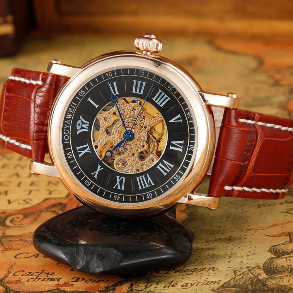 

Luxury Automatic Genuine Leather Strap Wrap Gift Analog Wrist Business Dress Men's Mechanical Self Wind Watch OUYAWEI Brand