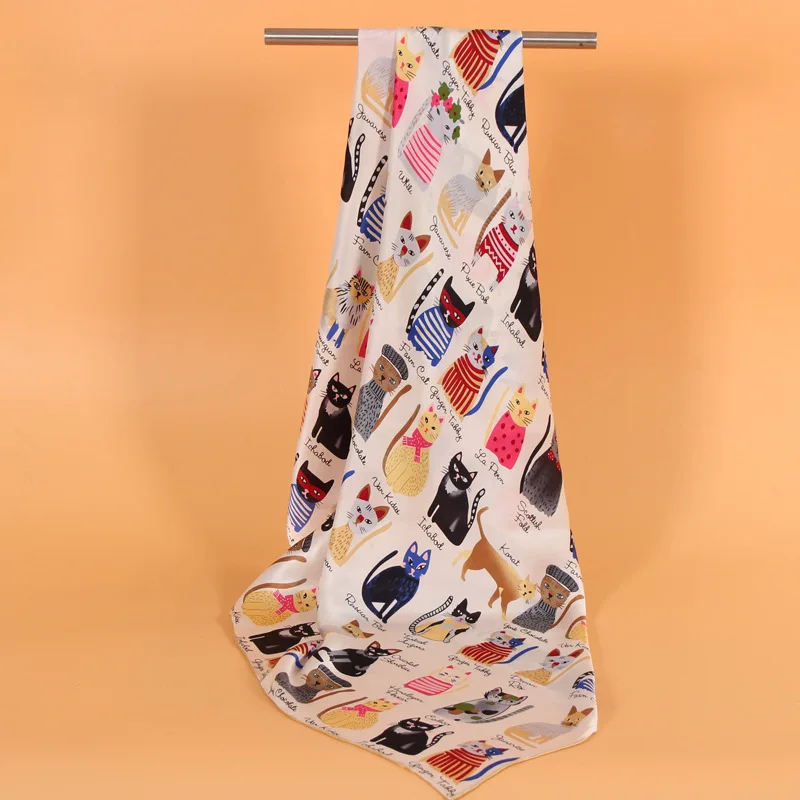 

100% Silk Square Scarf Female Cute Cat Printed Silkworm Silk Woman Scarves Shawls Business Lady Scarves 90*90 F604