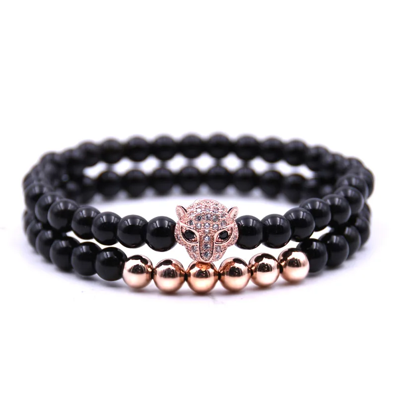 

2pcs/set Charm Natural stone bracelets High quality Golden&Black&Silver&Rose gold Leopard head Men's bracelets For Women Men