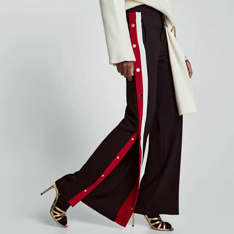 

New Casual Women Side Striped Cut Off Split Wide Leg Pants With Button High Waist Female With Pockets Loose All-matched Pants