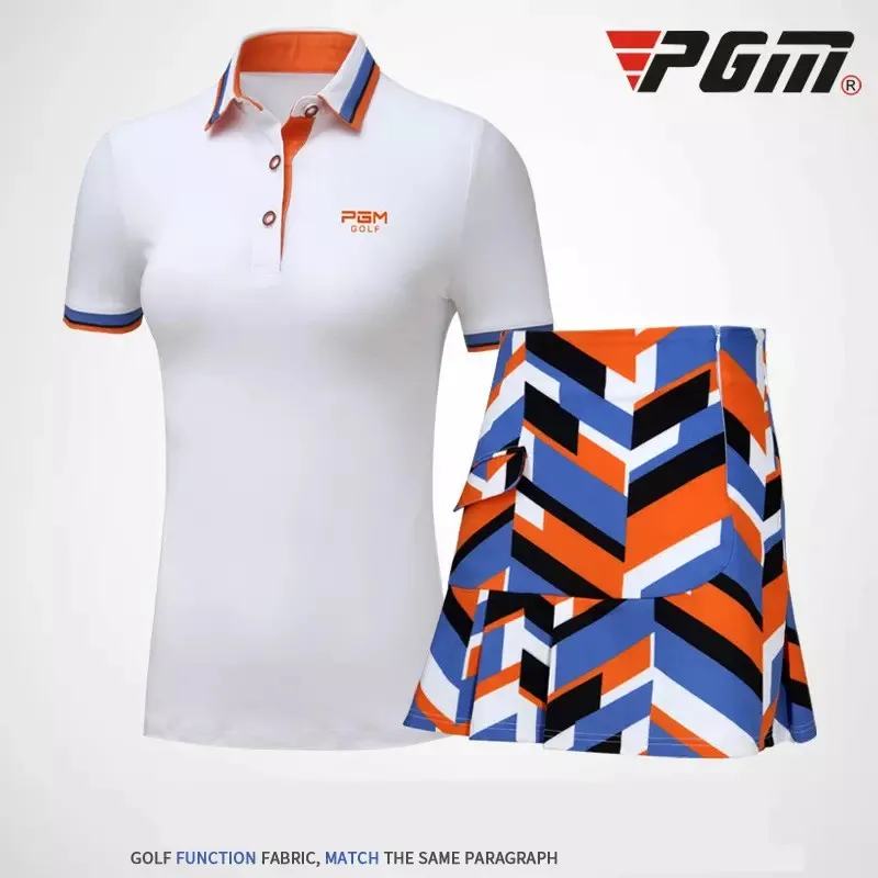 PGM Summer Women's Short Sleeve Button Collar Golf T-Shirt Women's Skirt Golf Sports Breathable Soft Slim Female Golf Apparel