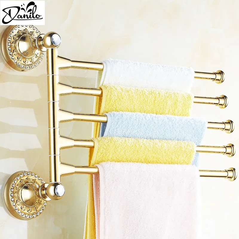 

Brass & Crystal Towel Bar Golden Finish 5 Bars Towel Rack Wall Mount Towel Holder Foldable Elegance Bathroom Accessories