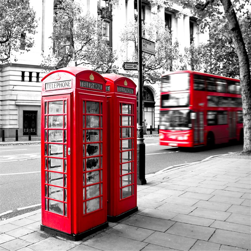 

Bus telephone booth black and white modern mural wallpaper background wall paper 3d three-dimensional wallpaper for walls 3 d