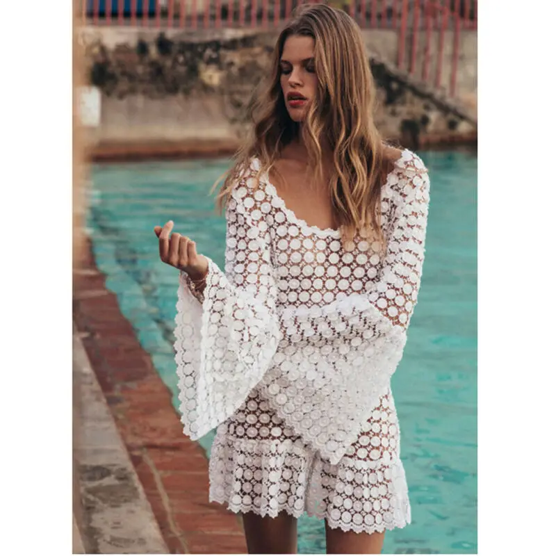 

2019 Womens Swimwear Bikini Cover Up Beach Wear Hollow Out Summer Dress Long Shirt Lace Croche Kaftan Bathing Suit One Piece
