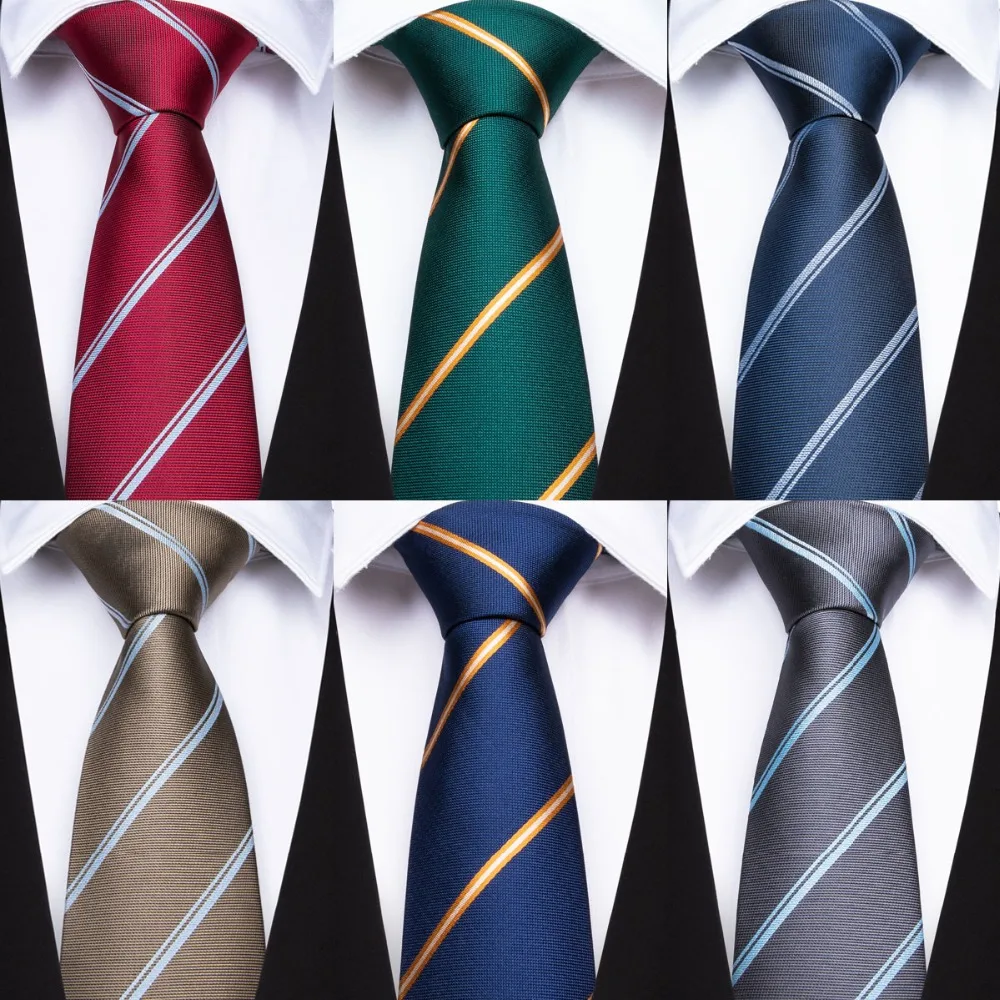 DiBanGu Tie Hanky Cufflinks Set Red Green Blue Gray Striped Neck Ties ...