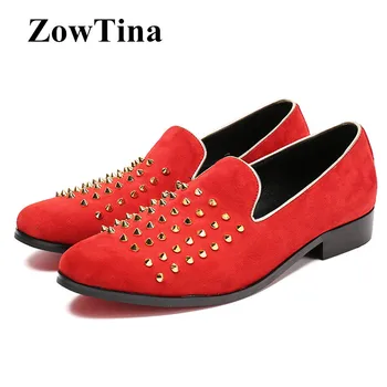 

Men Round Toe Red Suede Flats Slip On Casual Mocassin Shoes Loafers Fashion Studded Rivets Zapatos Mujer Large Size46 Espadrille