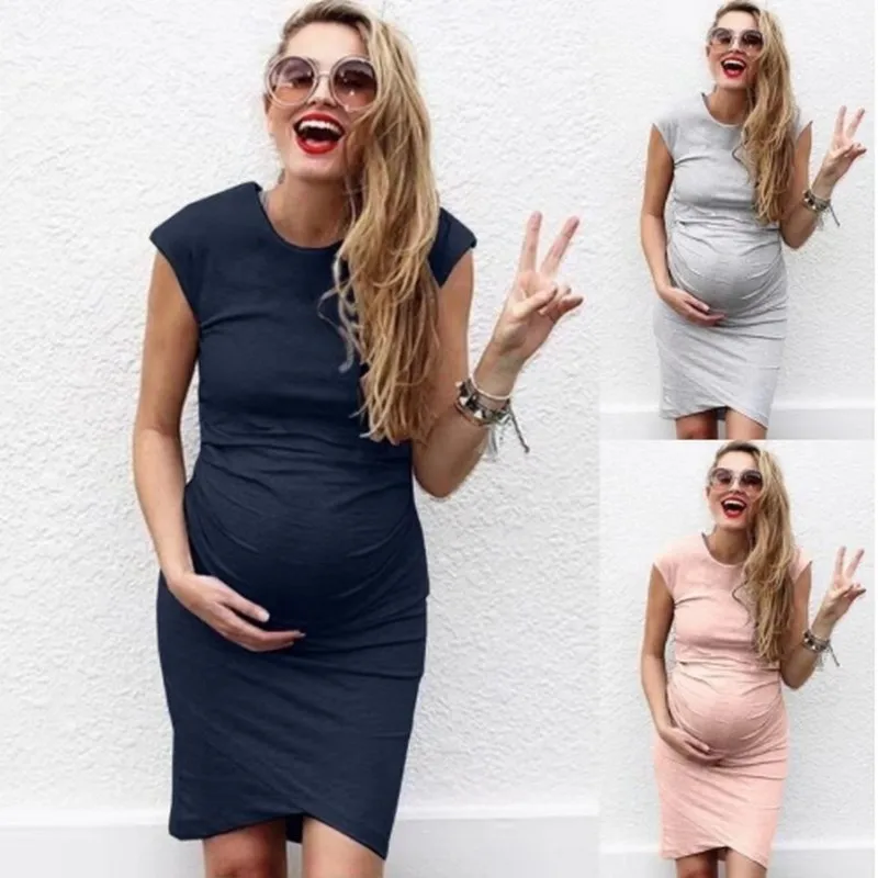 

S-5XL Maternity Dresses Short Sleeve Pregnancy Clothes Summer Casual Solid Color Slim Fit Dresses Pregnant Knee-length Dress