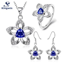 Zafiro sintético conjuntos de joyería de moda plata de ley 3 unids incluye collares pendientes, anillo, regalo de boda pendiente