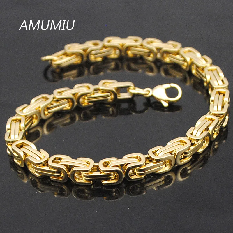 AMUMIU промо-акция! Мужские браслеты с золотой цепочкой, браслет из нержавеющей стали 5,5 мм ширина византийского металла,, высокое качество KB002 - Окраска металла: gold