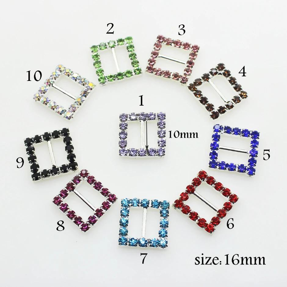 

10pcs 16mm Mixed Color Square Rhinestone Buckle Wedding Invitation Card Slider Embellishment Crafting DIY Accessories