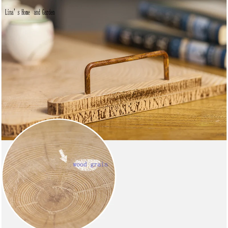 simple design semi-handmade nature finish wood tray with metal handle (6)