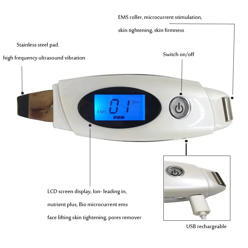Ультразвуковая Гальваническая ионная EMS, лифтинг, скруббер, пилинг, очиститель пор, очищающее средство для лица, набор для отбеливания лица, система отшелушивания