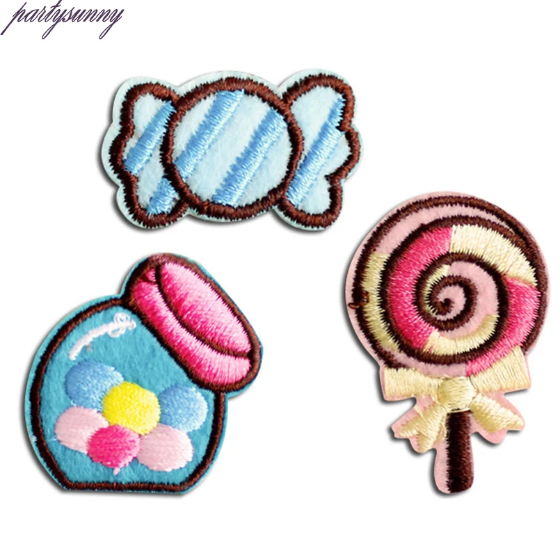 

PF Candy Patch Sweet Stripe Embroidery Iron On Patches for Clothes Tops Children Sewing DIY Applique For Clothing Crafts TB141