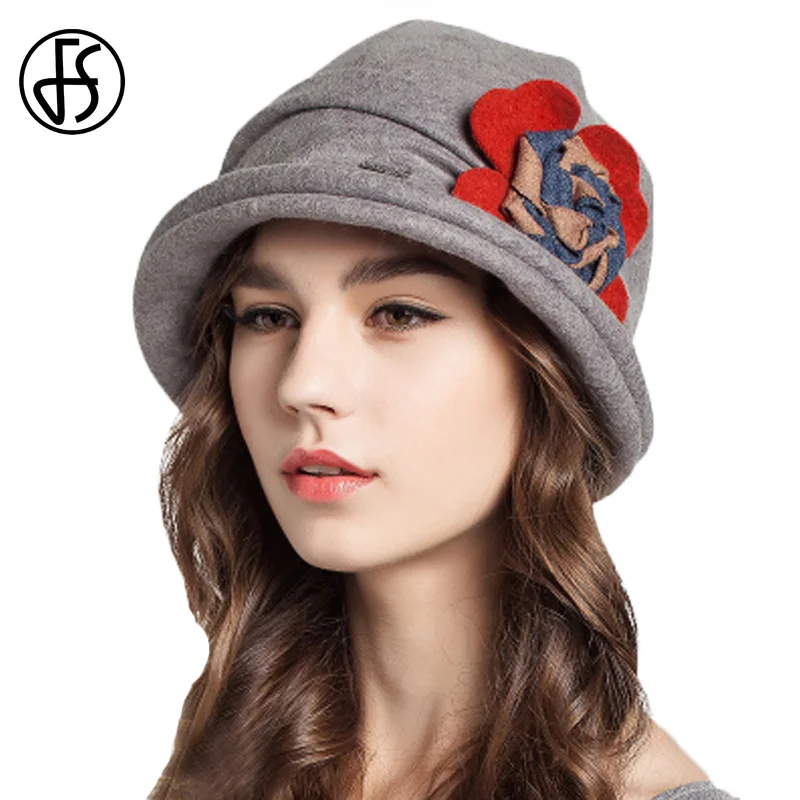 

FS Women Red Foldable Wool Hats For Women Wide Brim Vintage Ladies Flower Warm Caps Floppy Chapeu Feminino Winter Fedora Hat