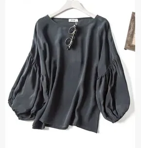 2020 new spring 100 mulberry silk crepe DE chine loose women lantern sleeve T-shirt | Женская одежда