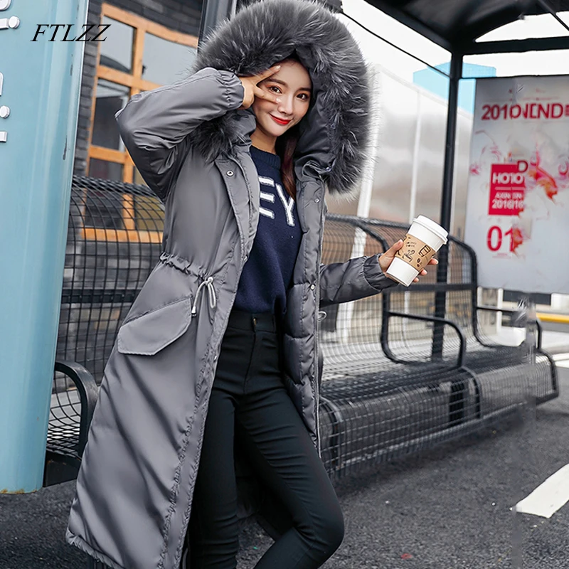 

FTLZZ Women Winter Warm Long Cotton Parkas Snow Hooded Large Fur Collar Jackets Female Overcoat Thick Black White Cotton Coats