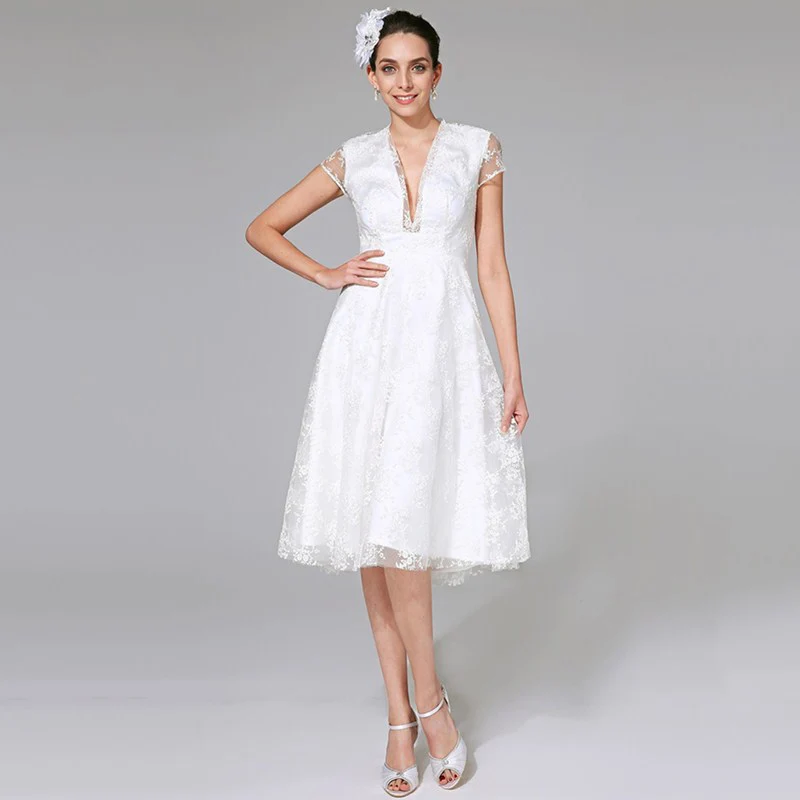 LAN TING BRIDE Plunging Neckline Knee Length Wedding Dress ...