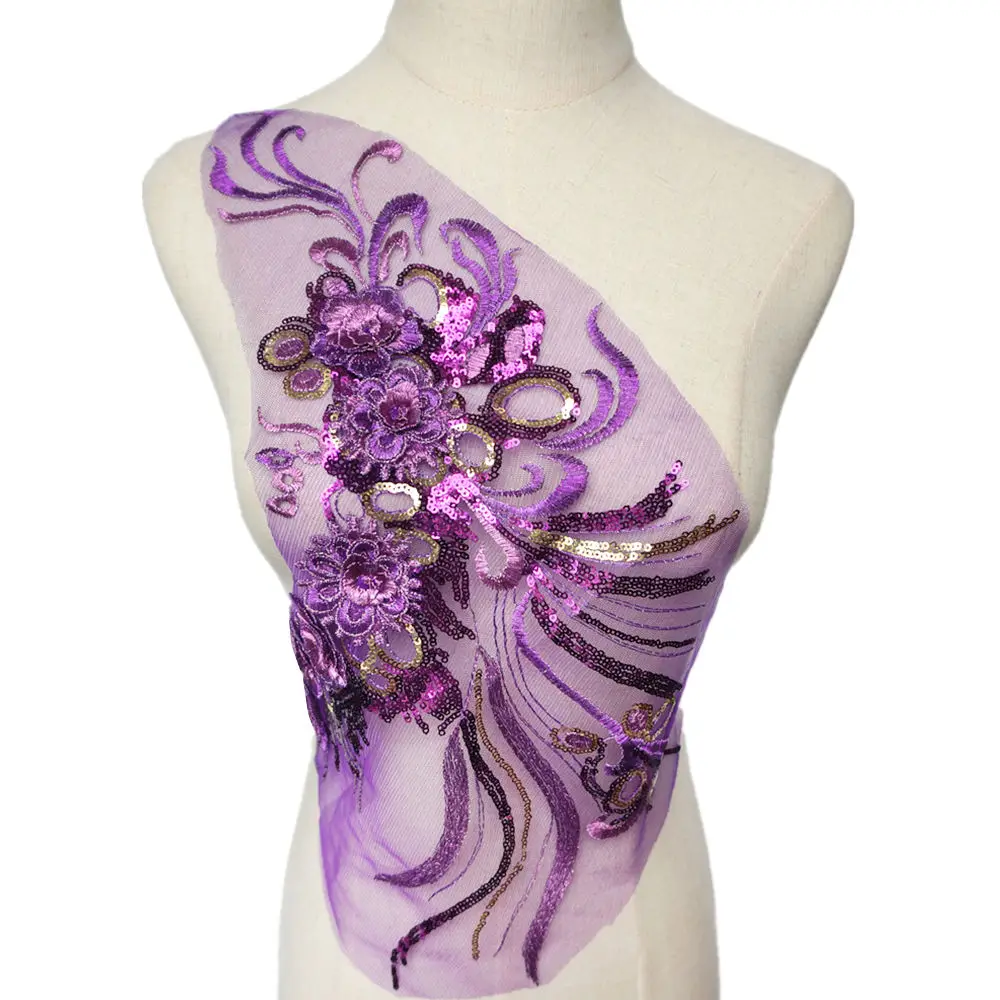 

Purple Gold 3D Flowers Sequin Tassel Embroidered Appliques Mesh Lace Trims Collar Sew On Patch For Wedding Decoration Dress DIY
