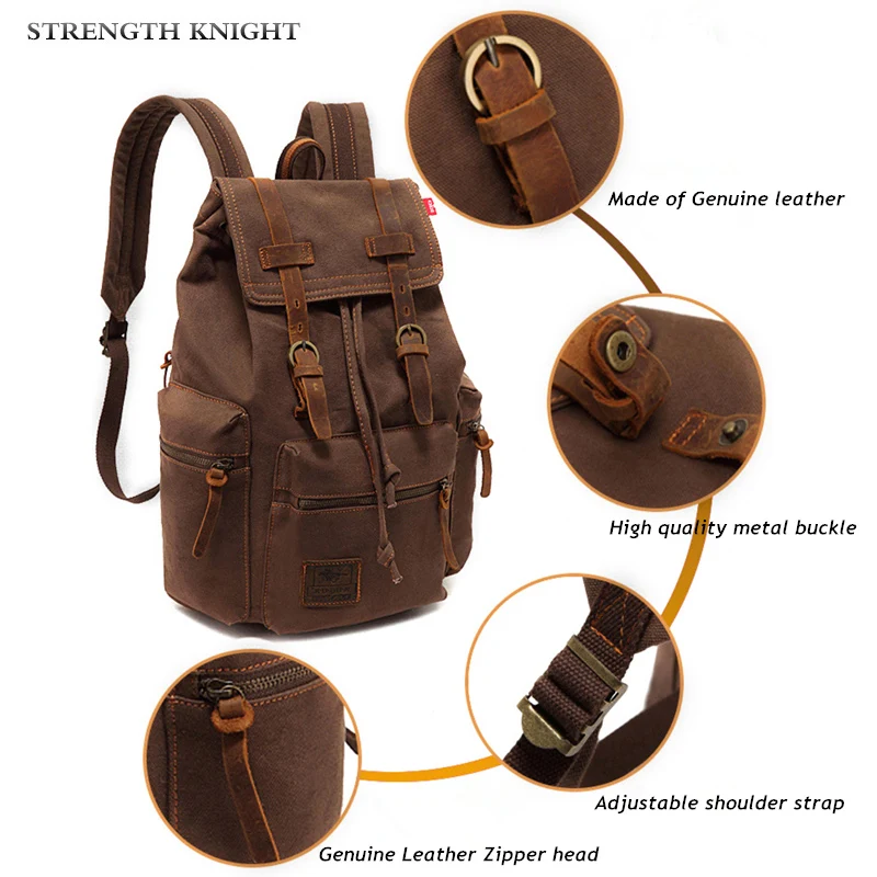 HuaChen Vintage Canvas Leather Backpack - 29L Laptop Rucksack, 15.6" Compartment, Khaki, Unisex For Travel, School & Hiking