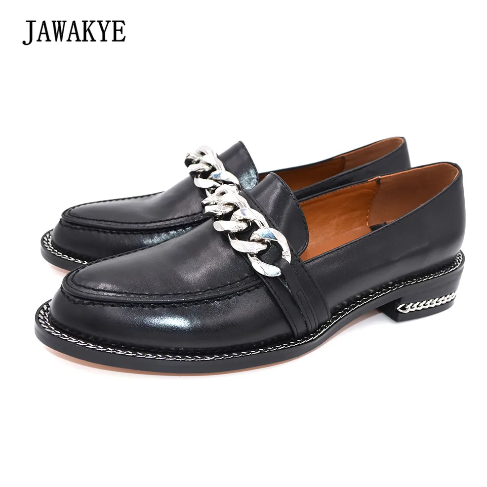 2018 Black Genuine leather Silver Metal Chains Flat Shoes Women Square low heel Round toe Slip on Loafers Shoes Woman JAWAKYE jawakye round toe silver chains studded ankle boots women flat heel genuine leather winter shoes motocycle boots for women