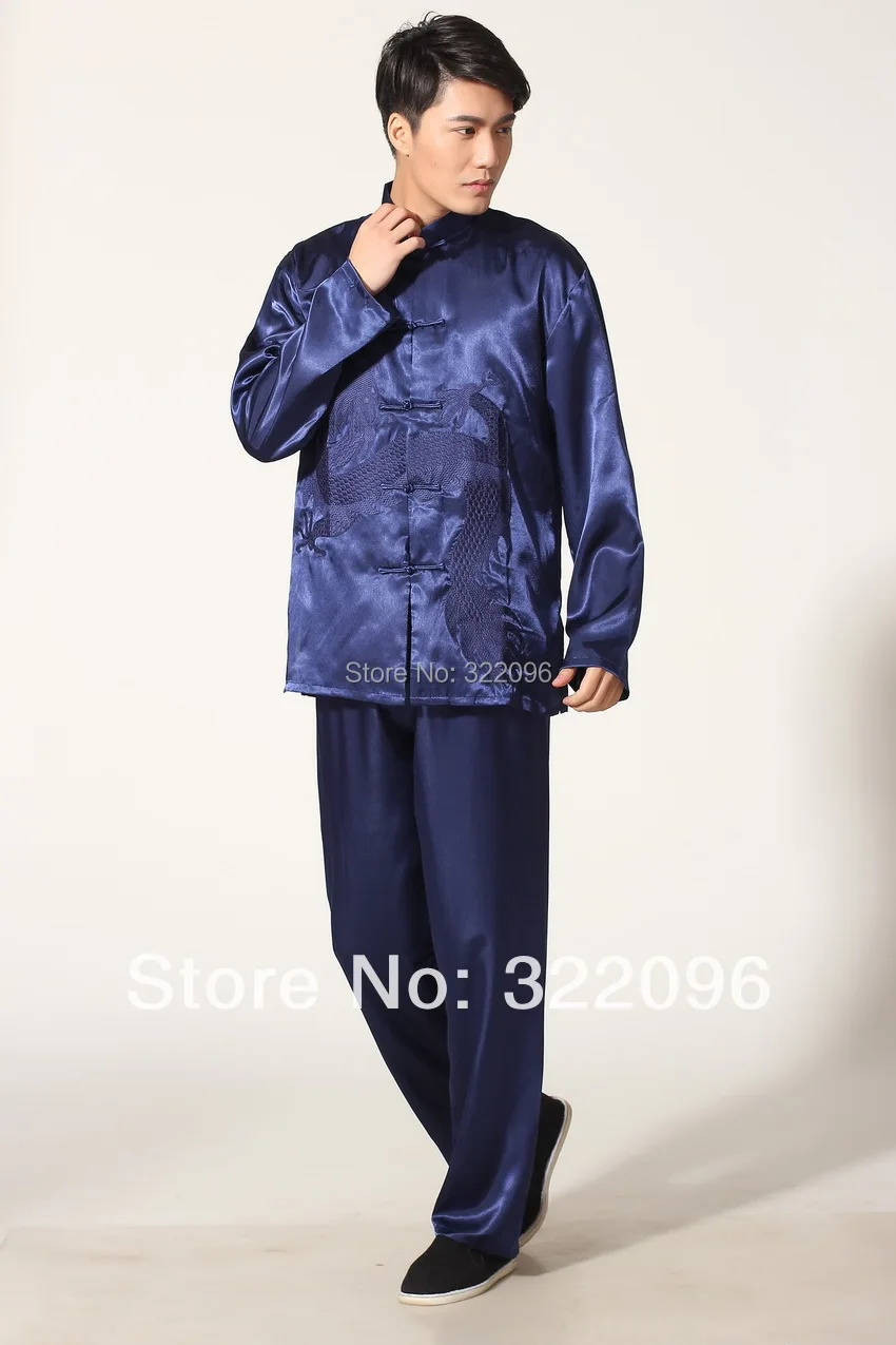 Шанхай история дракон вышивка мужская одежда набор кунг-фу костюм набор для мужчин Китайский Тай чи костюм синяя рубашка+ брюки кунг-фу Униформа