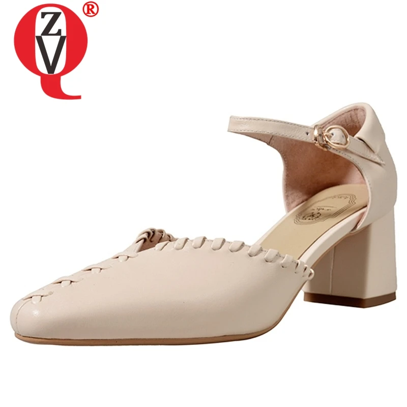 

ZVQ brand office work summer Genuine cow Leather woman pumps retro black apricot Square Toe 5cm med heels Pleated Ruffles shoes