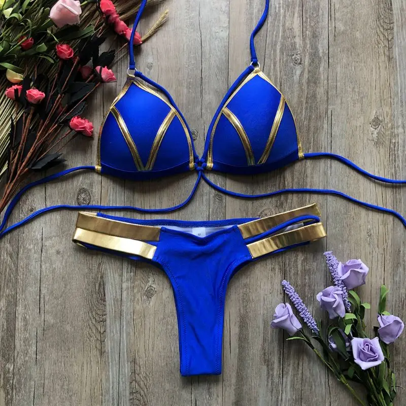 

Women Patchwork Push Up Swimwear String Thong Bikini Set Halter Padded Suit