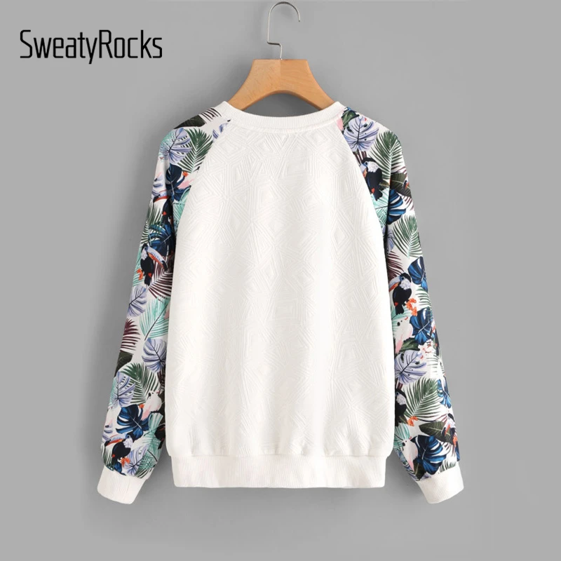 SweatyRocks الاستوائية طباعة راجلان كم مركب البلوز النساء خليط طاقم الرقبة طويلة الأكمام النشطة بلوفرات البلوز
