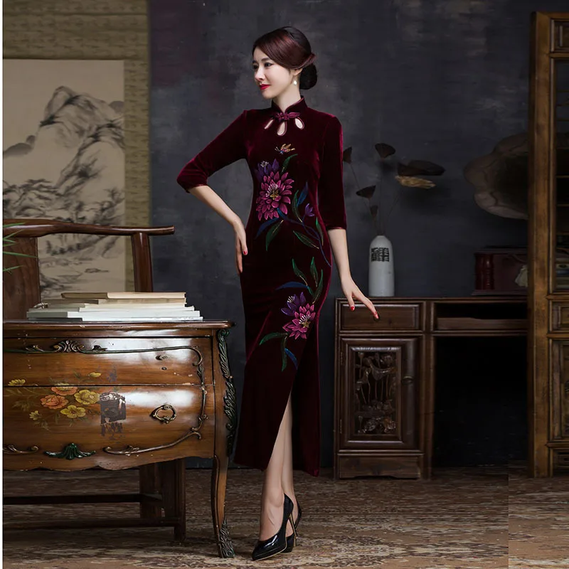 

Sexy Stretch Designer Cheongsam Velour Qipao Traditional Chinese Dress Evening Prom Dresses Long Oriental Robe Qi Pao Modern