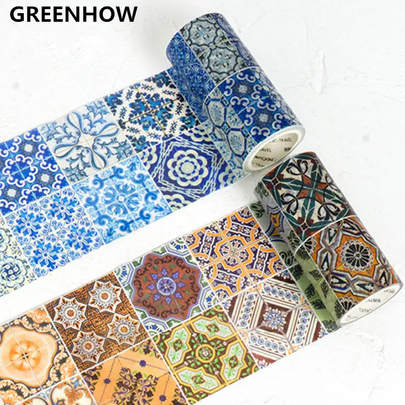 GREENHOW Vintage Blue and white brick Flower Tile wall Decorative Washi