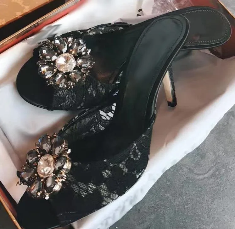 

Hot Selling Black Lace High Heels Mules Crystal Peep Toe Slides Female Thin Heels Slides Shoes Red Green Customized Plus Size