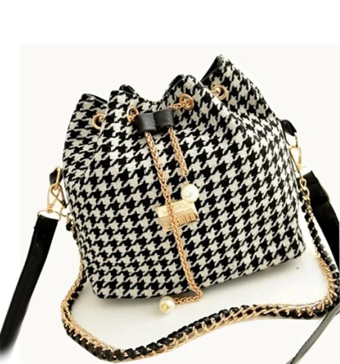 

2016 Promotion Hot Women Chains Fashion Bucket Bag Canvas Patchwork Houndstooth Brand Messenger Bag Bolsas