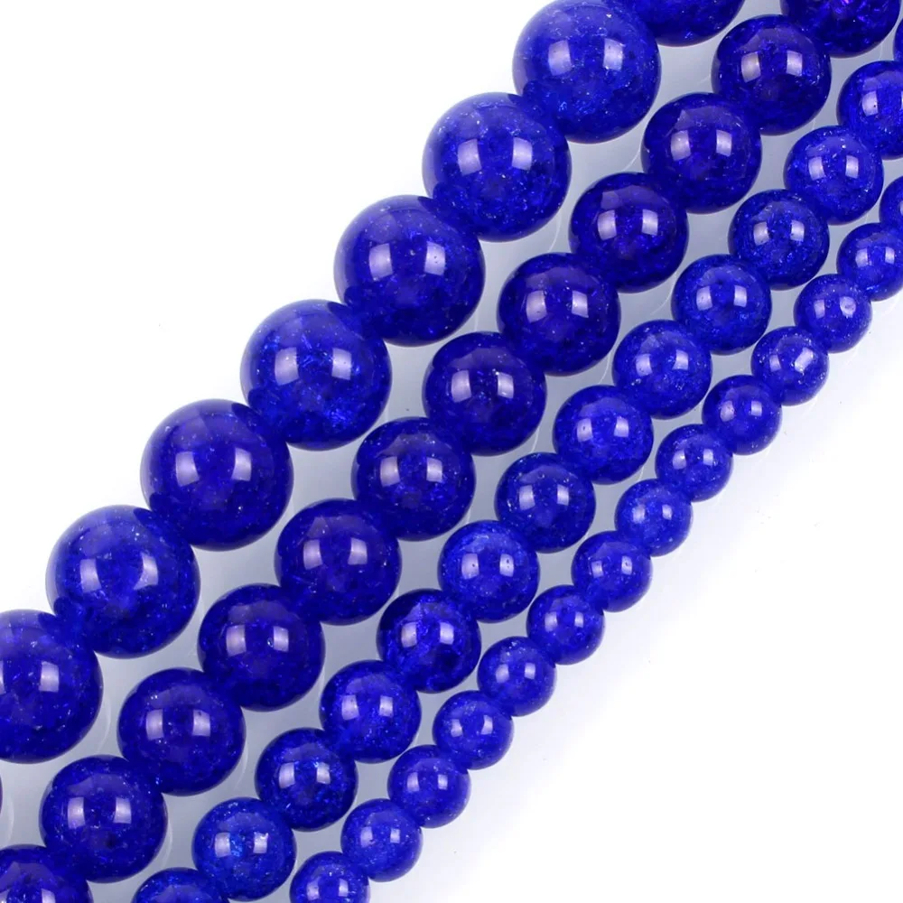 

15"Strand Smooth Royal Blue Round Cracked Crystal Stone Beads Loose Spacer Beads For Jewelry Making Bracelet Neck 6-12mm