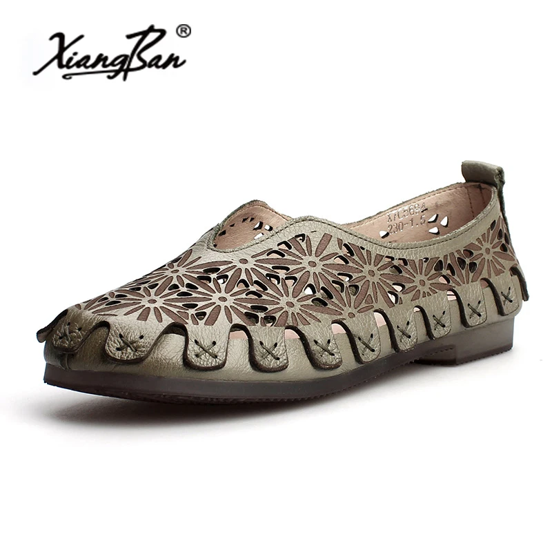 

Xiangban 2019 spring summer women shoes soft bottom breathable flat with hollow out slip on loafers genuine leather