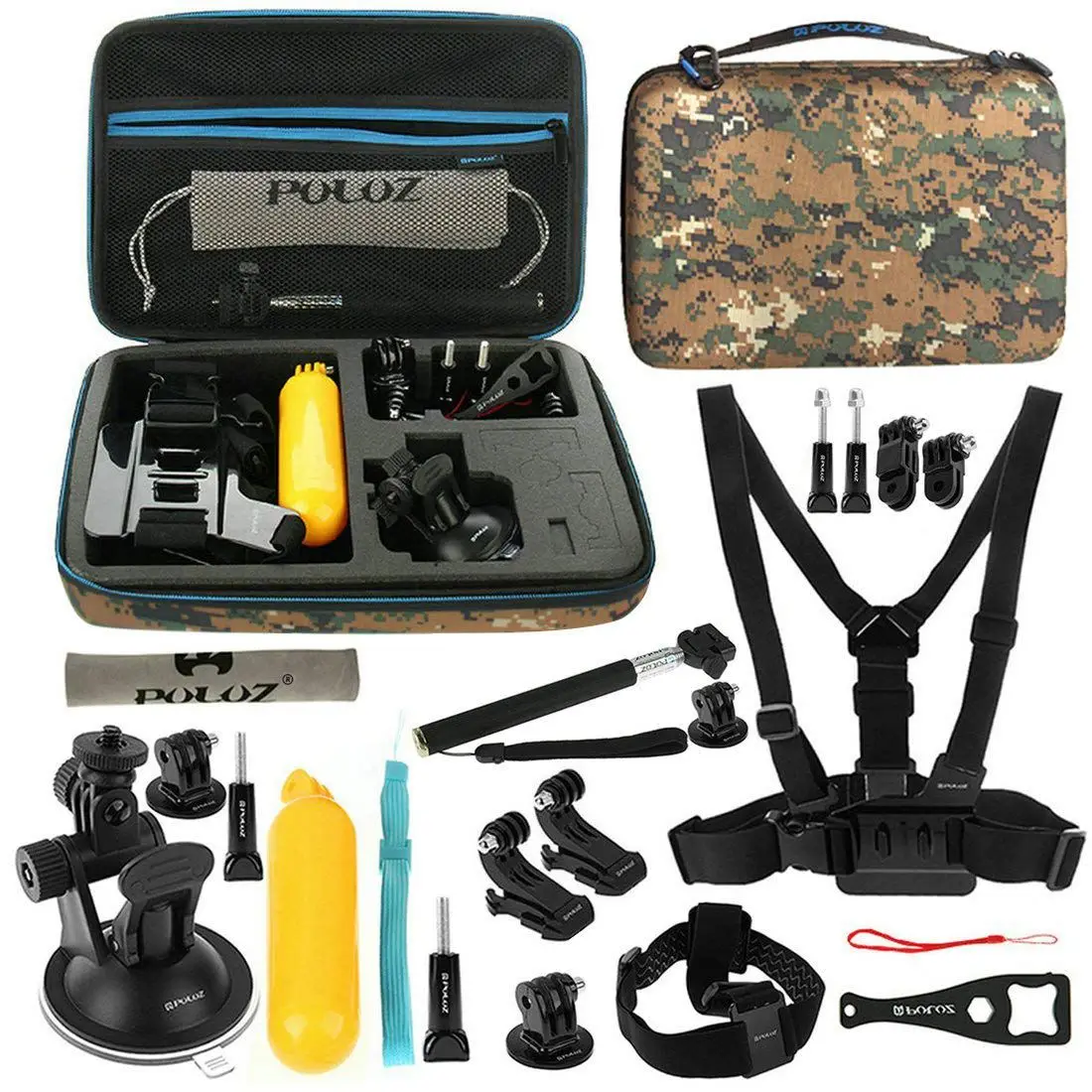 

PULUZ 20 in 1 Accessories Combo Kit(Chest Strap+Suction Cup Mount+3-Way Pivot Arm+J-Hook Buckles+Monopod+Tripod Adapter+Bobber