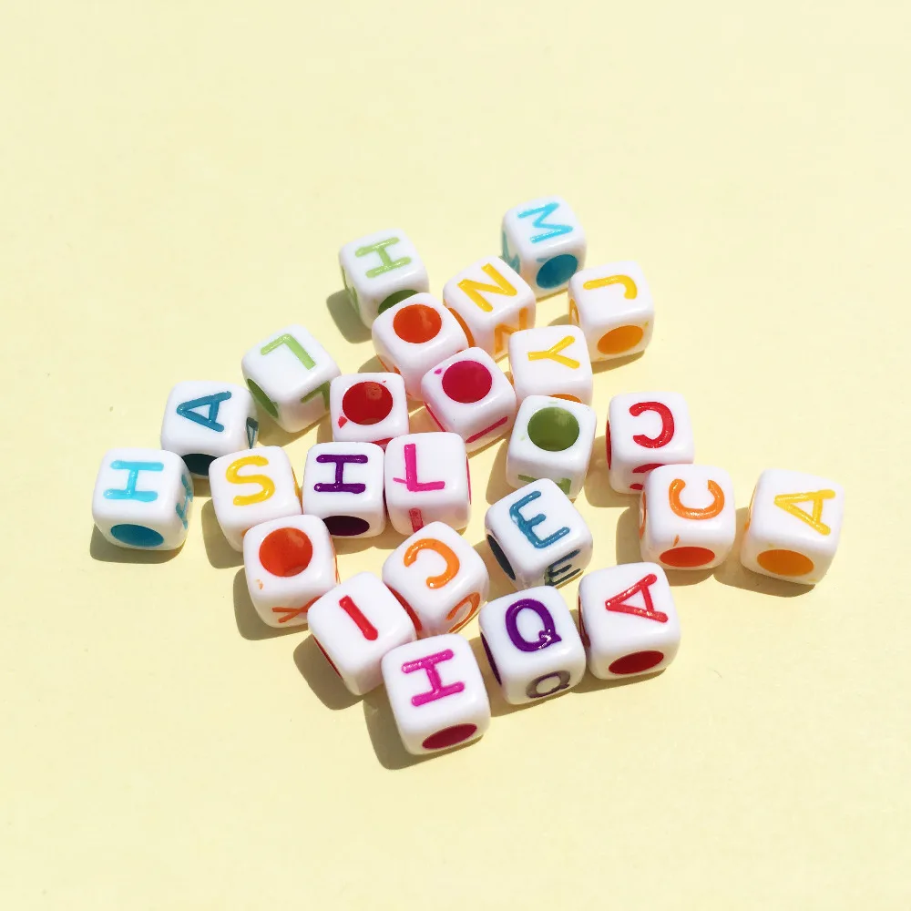 

Wholesale 1900PCS/Lot 6*6MM Cube Square Letters Beads Big Hole White with Colorful Initial Alphabet Printed Plastic Spacer Beads