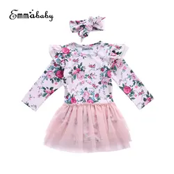 Прекрасный Малыш Боди Сетчатое платье Цветочный принт с длинным рукавом Симпатичные для малышей наряд для девочек Корректирующие боди для