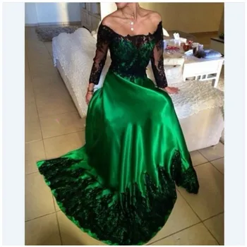 

Abendkleider Emerald Green Evening Dress Prom Dress with Black Lace Appliques Long Sleeve Vestidos Largos para Bodas