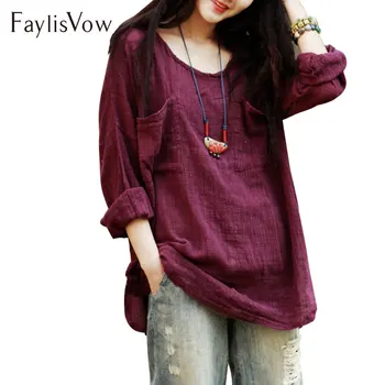

Plus Size Summer Spring Cotton Linen Blouse 4XL 5XL Loose Long Sleeve Crew Neck Solid Color Casual Shirt Women Blouses Tops