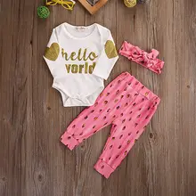 Костюм из 3 предметов! Хлопковый комбинезон для новорожденных девочек; штаны; повязка на голову; комплект одежды розового цвета