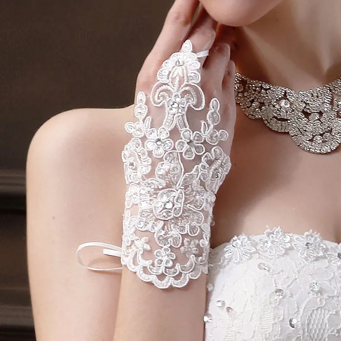 White Fingerless Elegant Rhinestone Bridal Wedding Gloves