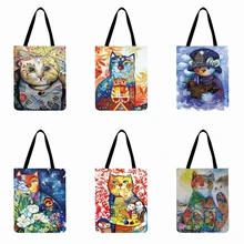 Женская сумка-тоут с акварельным рисунком кота, Повседневная Складная сумка для покупок, пляжная сумка, Повседневная Сумка-тоут