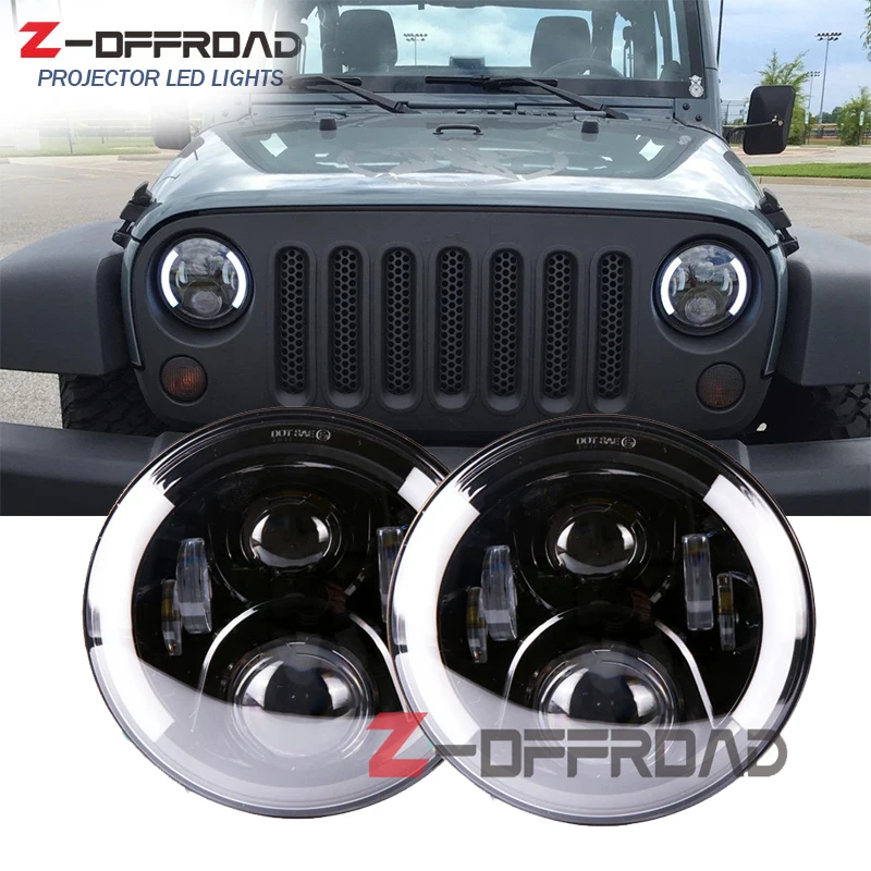 

7" LED projector headlight lamp white Halo Ring 7inch LED headlamp with White DRL Amber turn signal headlamp for jeep Wrangler