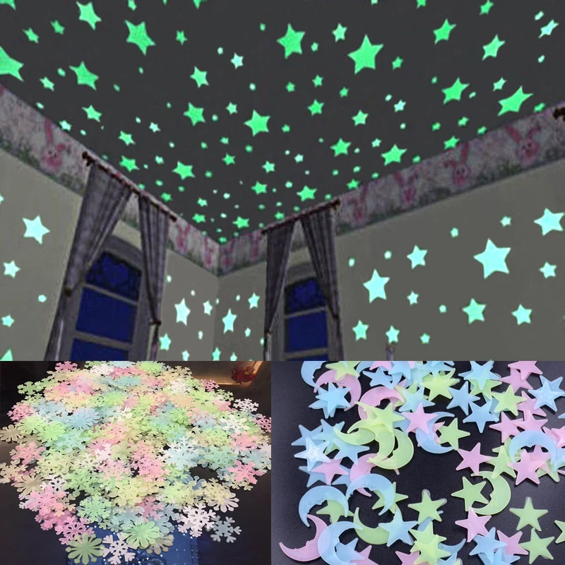100 шт 3D Звезда и Луна энергии хранения ФЛУОРЕСЦЕНТНОЕ свечение в темноте светящиеся на стену наклейки для детской комнаты гостиной наклейка