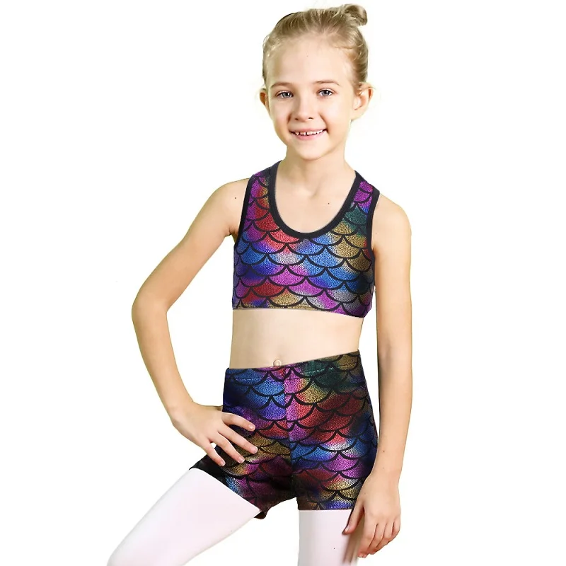 Kids Girls Sports Ballet Dance Shiny Crop Top Gymnastics Leotard Swim Dancewear