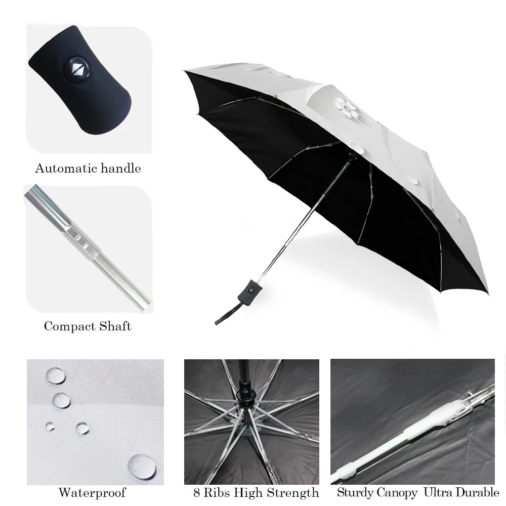Full Automatic 3D Floral Guarda Chuva White Sun Protection Three Folding Umbrella Rain Women Anti UV Outdoor Travel Sombrinha folding umbrella,automatic umbrella,sun umbrella