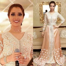 Luxus Dubai Kaftan Abendkleid Perlen Blumen Abendkleider Mit Drei Viertel Sleeve A Line Spezielle Formales Partei-kleid