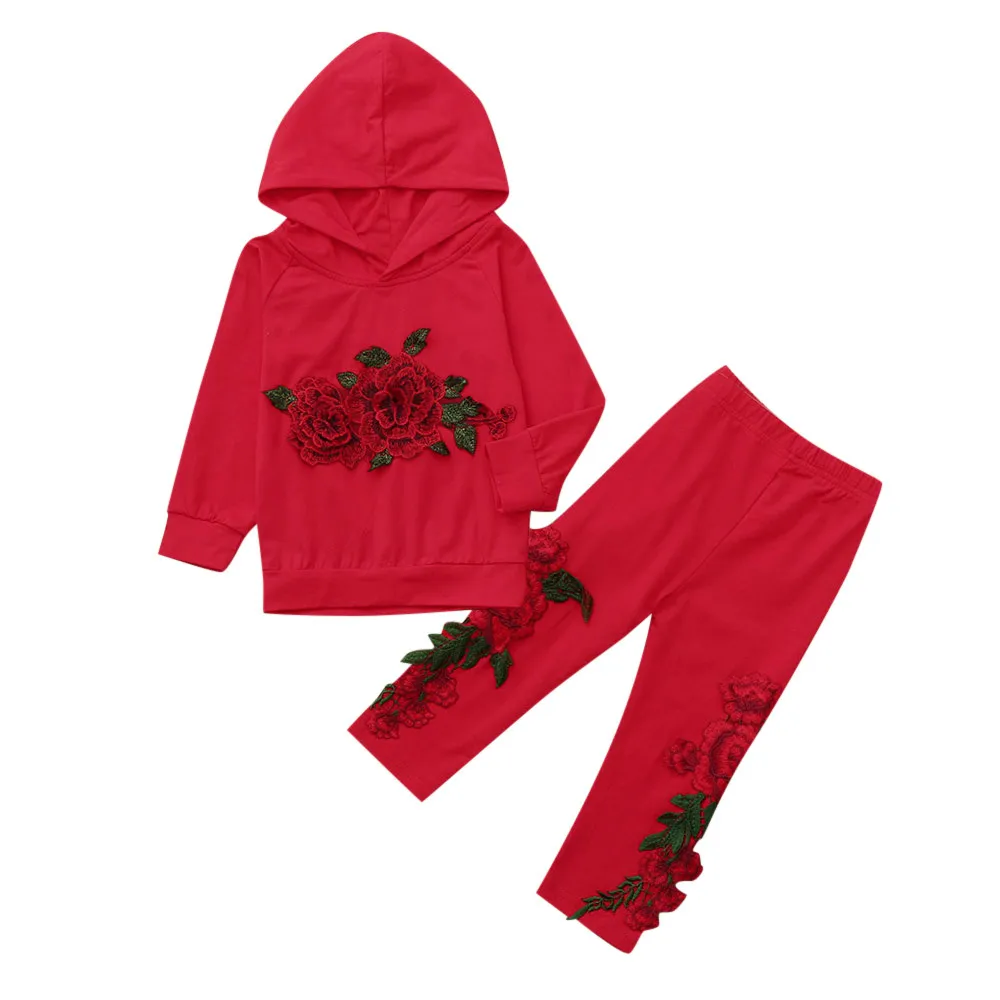 Комплекты осенней одежды для девочек толстовки с капюшоном и длинными рукавами с цветочным принтом для маленьких мальчиков и девочек+ штаны, одежда roupa infantil - Цвет: Red