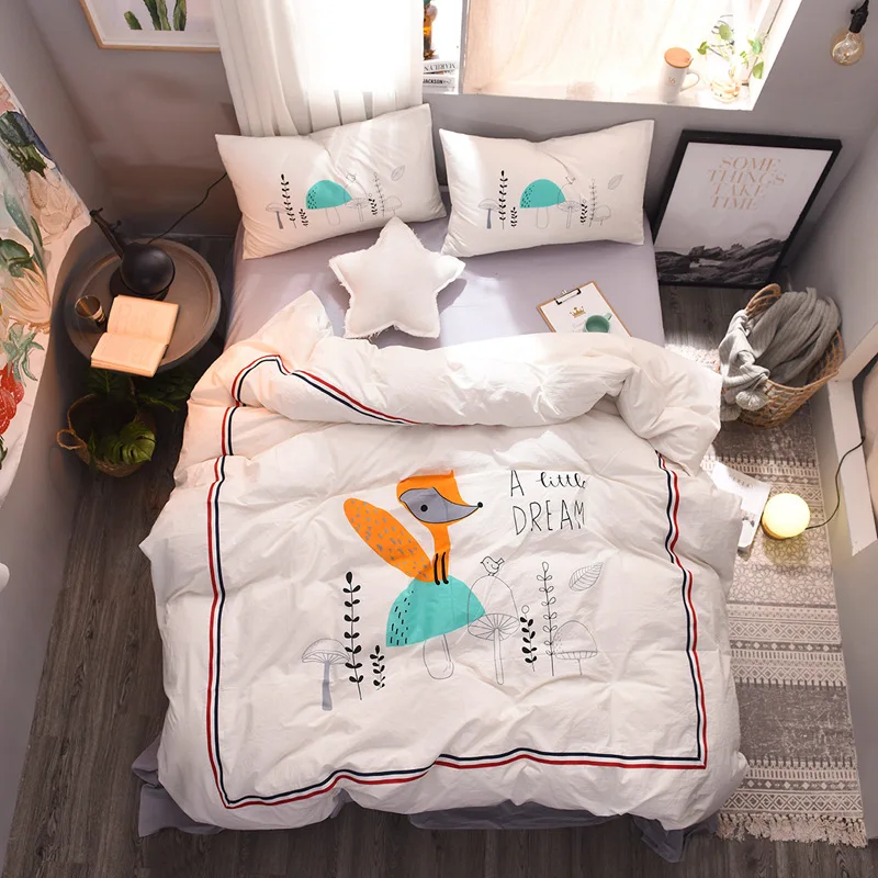 

new washed cotton Squirrel bird Potted printing 4pcs set cartoon bedding set duvet cover pillowcase bedlinen queen king size