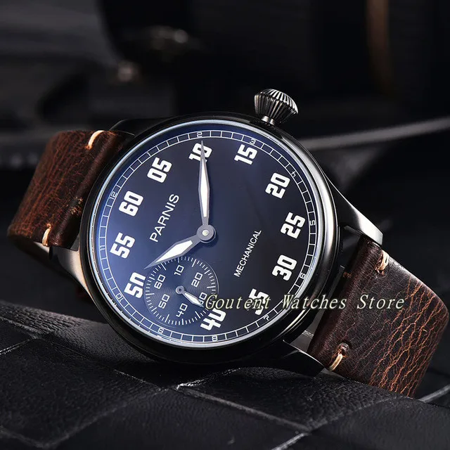 

44mm Parnis 17 Jewels Rose Gold/Black/Silver Case Leather Multiple Style Hand Wind Mechanical Men's Wristwatch